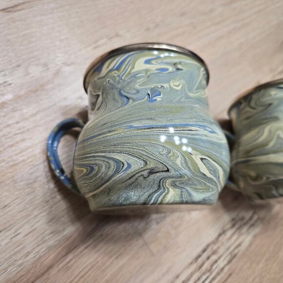 Mackenzie Childs Enamelware Blue Green Gold Dipped Paint Swirl Metal Mug - Picture 2 of 10